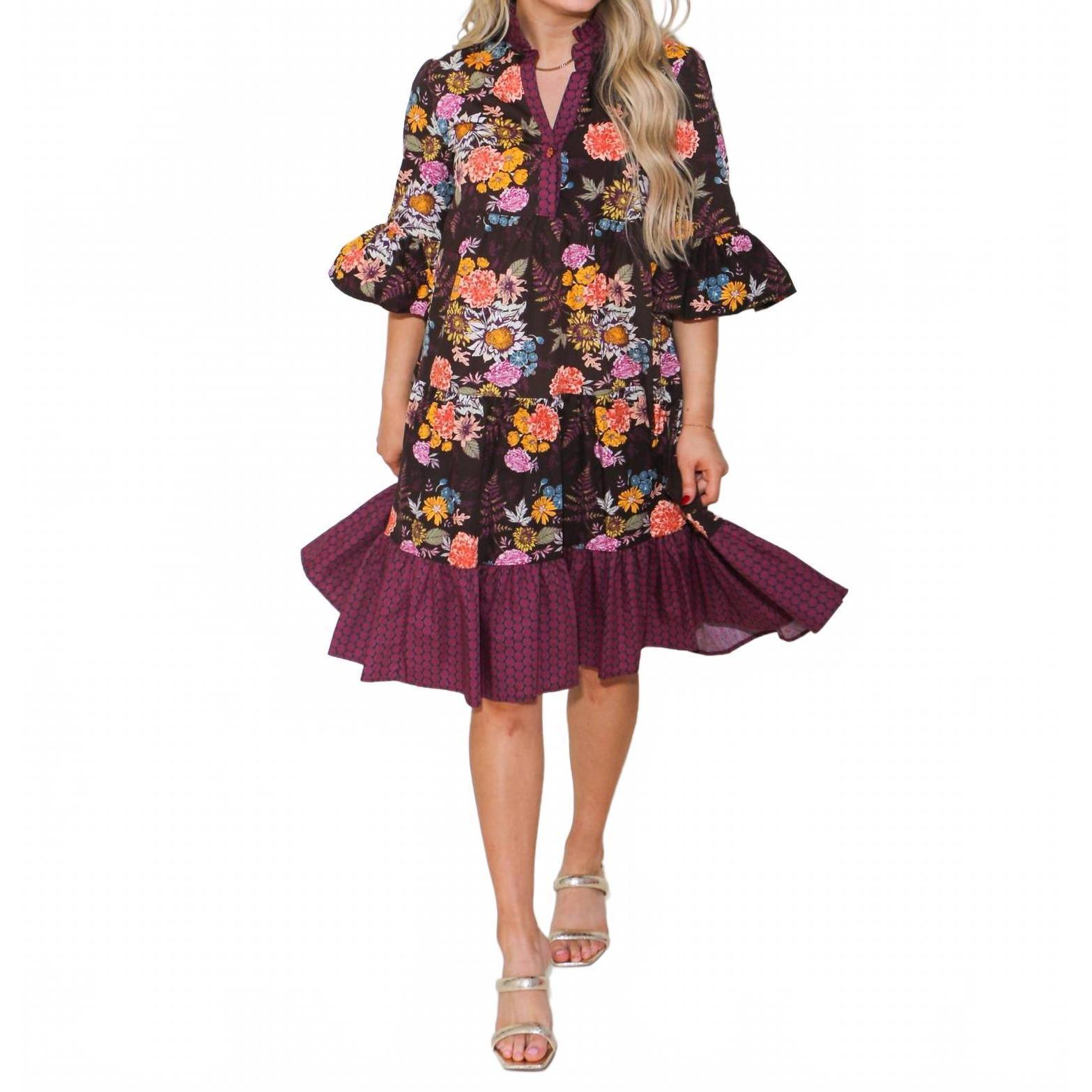 New Ivy Jane Flirty Mini Dress In Cocoa & Blooms